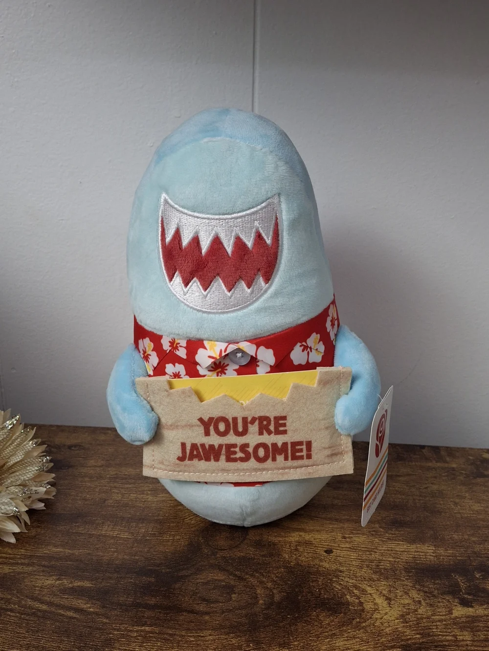 Blue 'You're Jawesome' Plush Shark with Red Floral Hawaiin Shirt Gift CardHolder
